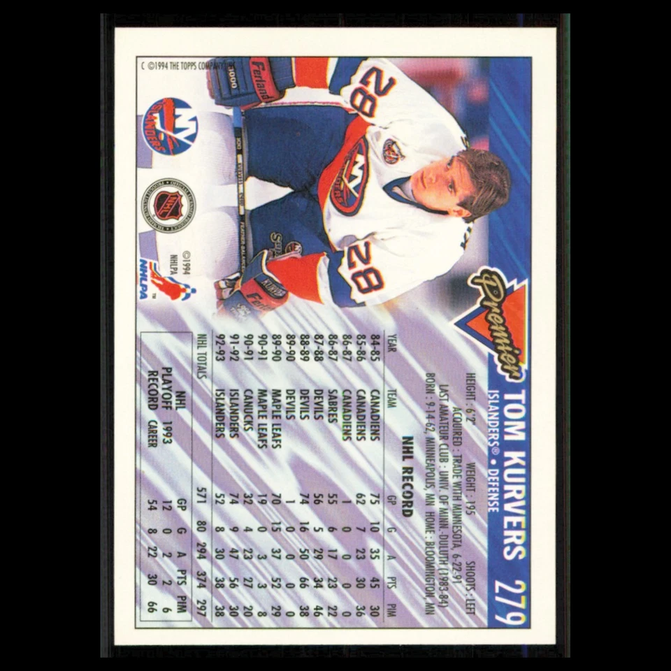 Tom Kurvers #279 1993 Topps Premier New York Islanders Hockey Card NHL NM - Image 2 of 3