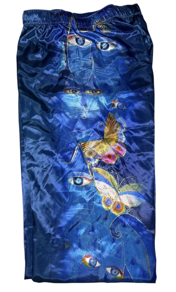 Laurel Burch Indigo Cats Pants Womens XL Satin Blue Lounge Pajama Folk Art PJs - Image 2 of 4