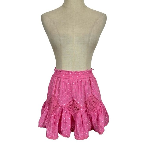 LoveShackFancy Adia Lace Crochet Polka Dot Mini Skirt Hot Pink Cherry XS $285 - Picture 6 of 16
