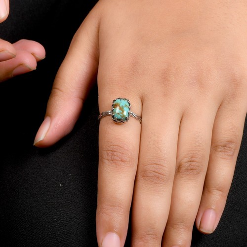 Genuine Kingman Turquoise Cushion 925 Silver Oxidized Band Ring Jewelry Women - Picture 5 of 13