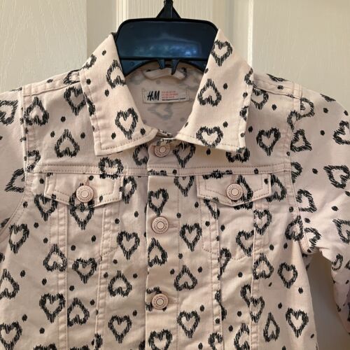 H&M Pink Black Hearts Denim Twill Jacket Snap Buttons Girls Size 7-8 years - Picture 2 of 12