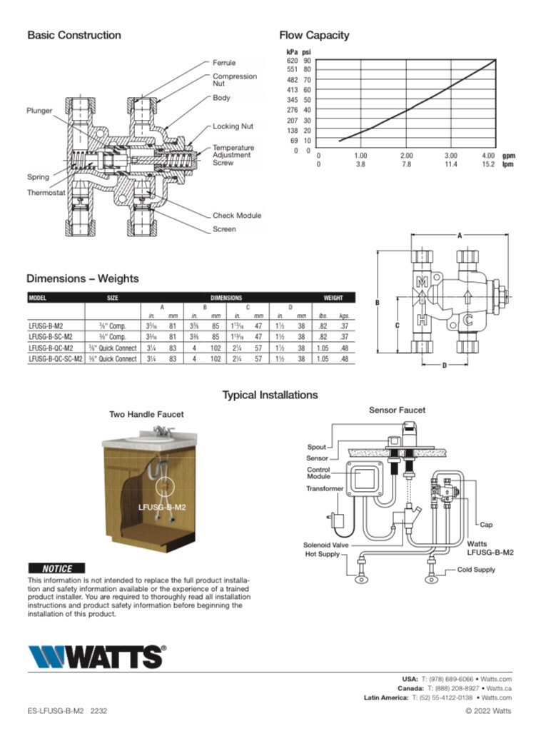 3/8” WATTS LFUSG-B M2 Brass Thermostatic Mixing Valve ASSE 1070