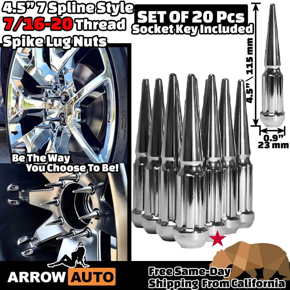 20x 4,5" Chrome 7/16-20 Spline ExtraSafety Spike LugNut Fit Buick Chevy Cadillac - Imagem 2 de 4
