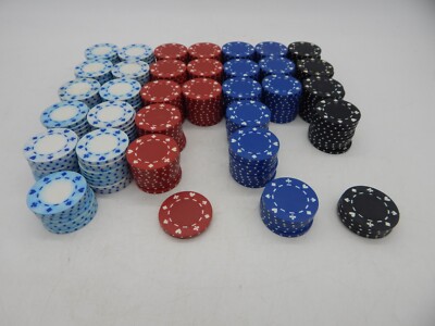 Set of 319 Clay Poker Chips Suited Pattern 4 Colors White Blue Black Red