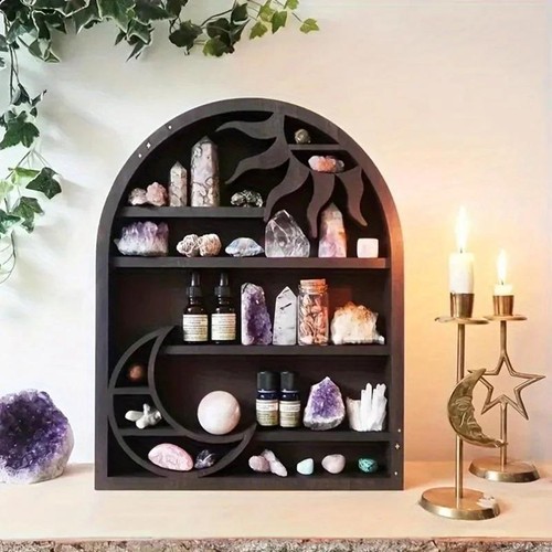 Wood Storage Shelf Wall Shelf Crescent Sun And Moon Crystal Shelf 1 Piece - Picture 20 of 23