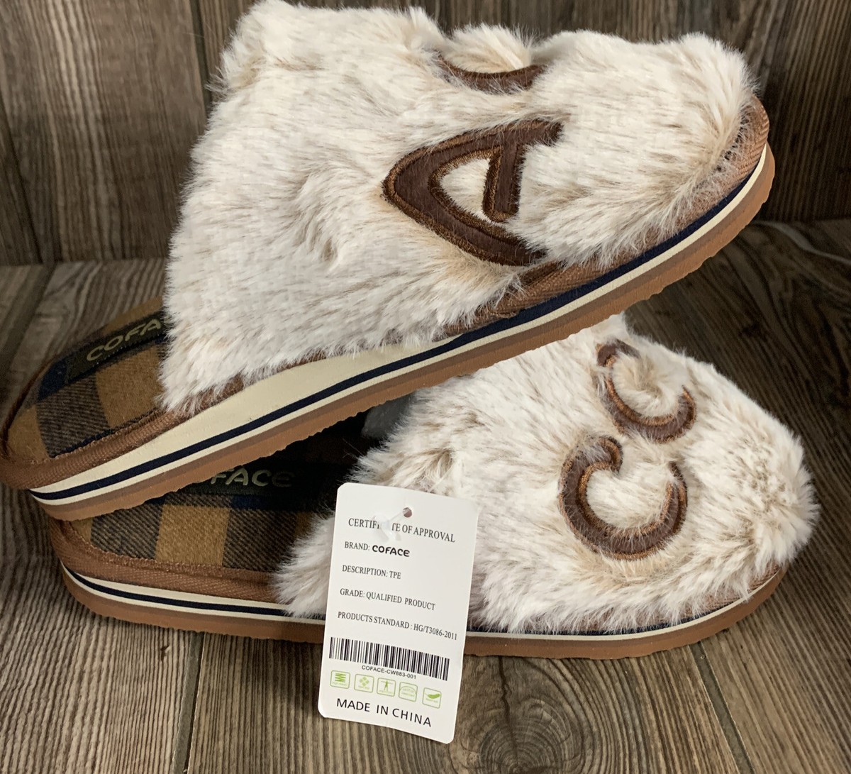 COFACE Fuzzy Brown/Grey Slippers Women's Size With Arch Support
