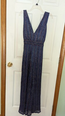 70's Disco Jumpsuit Long Flowing Pants V-neck Back Band Waist Blue Silver S Euc