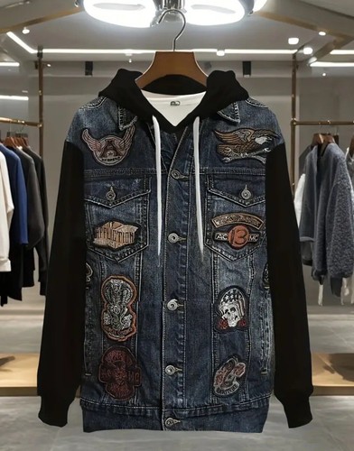 Men's Skull 3D Print Black Denim Print Hoodie Long Sleeve Pullover BIG 5XL