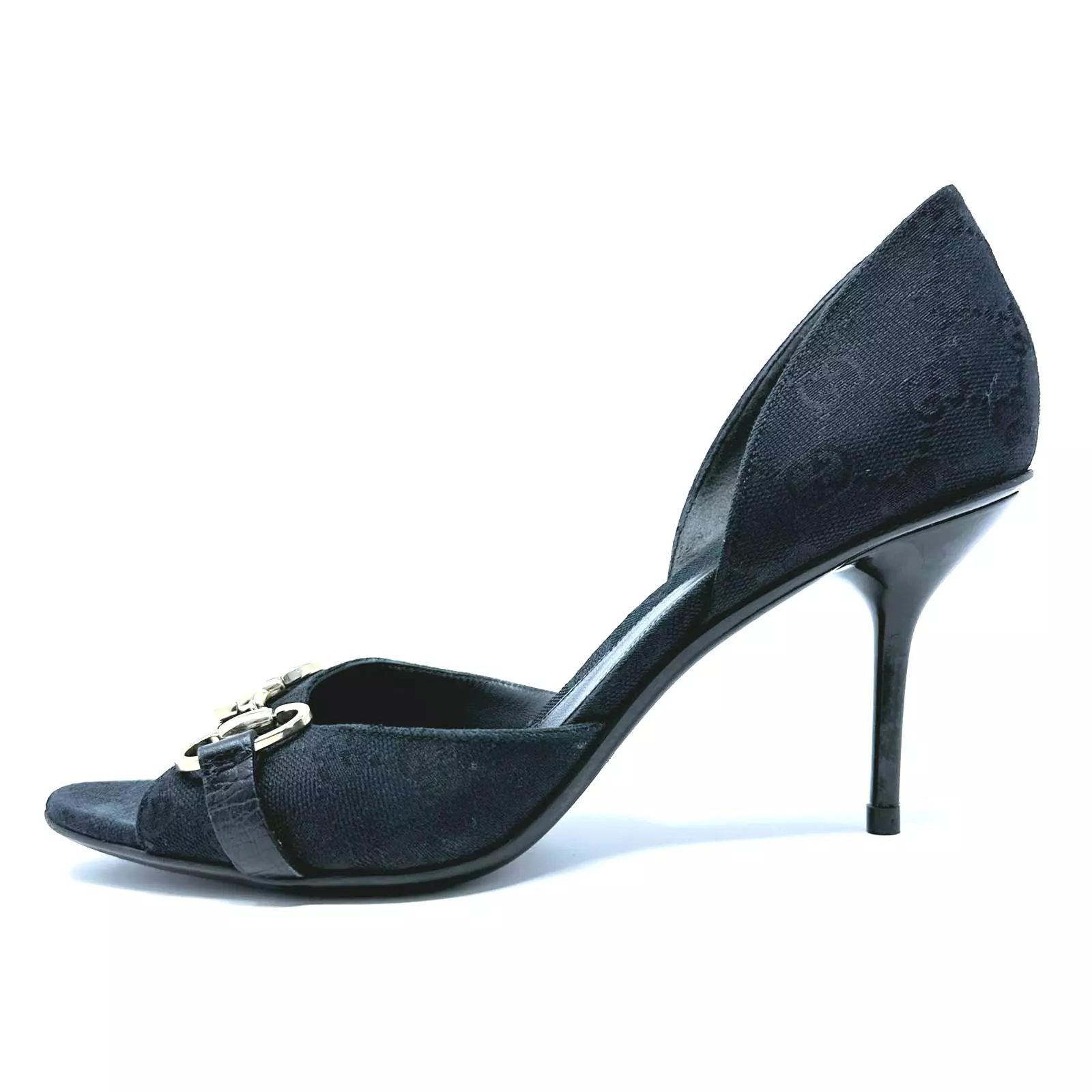 Gucci GG Logo Guccissima Blanc Or Horsebit D'Orsay Noir Toile Talons US 9,5