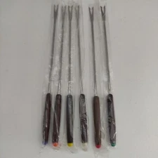 Vintage Set of 6 Fondue Forks Stainless w/Teak Handles Color Ends Japan