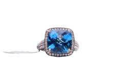 Sterling Silver .925 Checkerboard Blue Topaz Ring, Size 7, Rhinestone Accents.