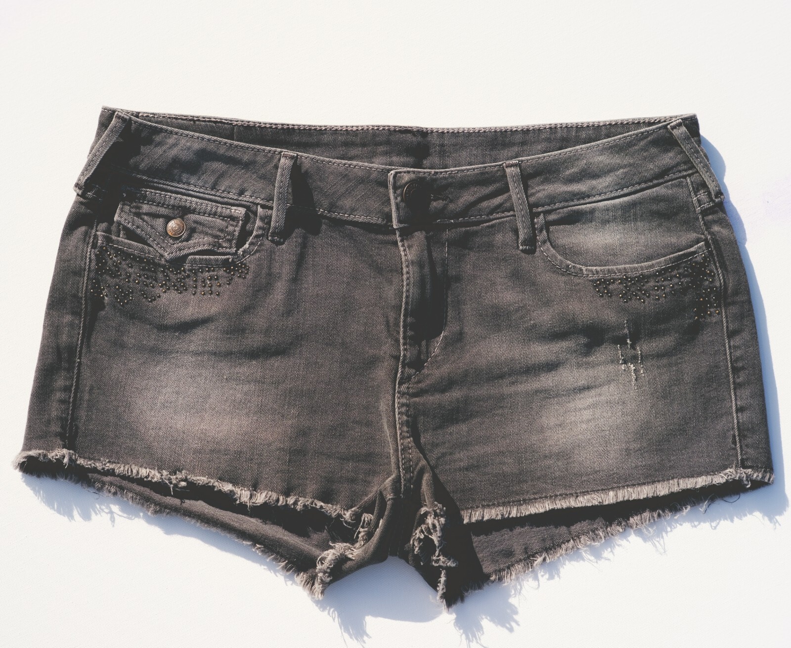 True Religion Size 32 Distressed Black Denim Shorts with Studs & Fringe