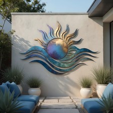 Abstract Sun and Wave Metal Wall Art, Large Coastal Decor, Luxury Home Hanging