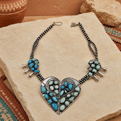 Paloma And Bluebird Turquoise Heart Squash Blossom Sterling Necklace 18'' 67.6g