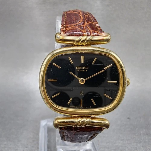 Seiko Watch Women 25mm Black Dial Gold Tone Oval 2320-5400 New Battery