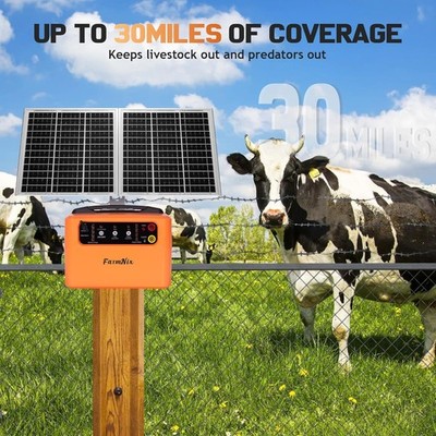 Solar Powered Electric Fence Charger 30 Mile 1.5J 12KV Dual Panels AC Backup Kit