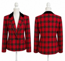 Vintage Sag Harbor Red Plaid Wool Blend Blazer Women s Size 14 BlackCollar Lined