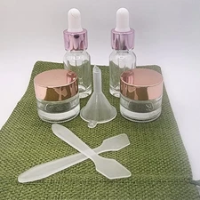 9Pcs Travel Glass Oil Droppers Refillable Glass Jars Set (Funnel + Spatulas + Ba