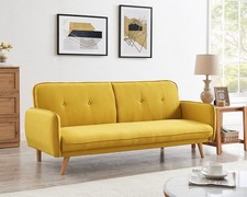 3-Seater Mustard Fabric Sofa Bed with Natural Wooden Legs – Modern & Stylish