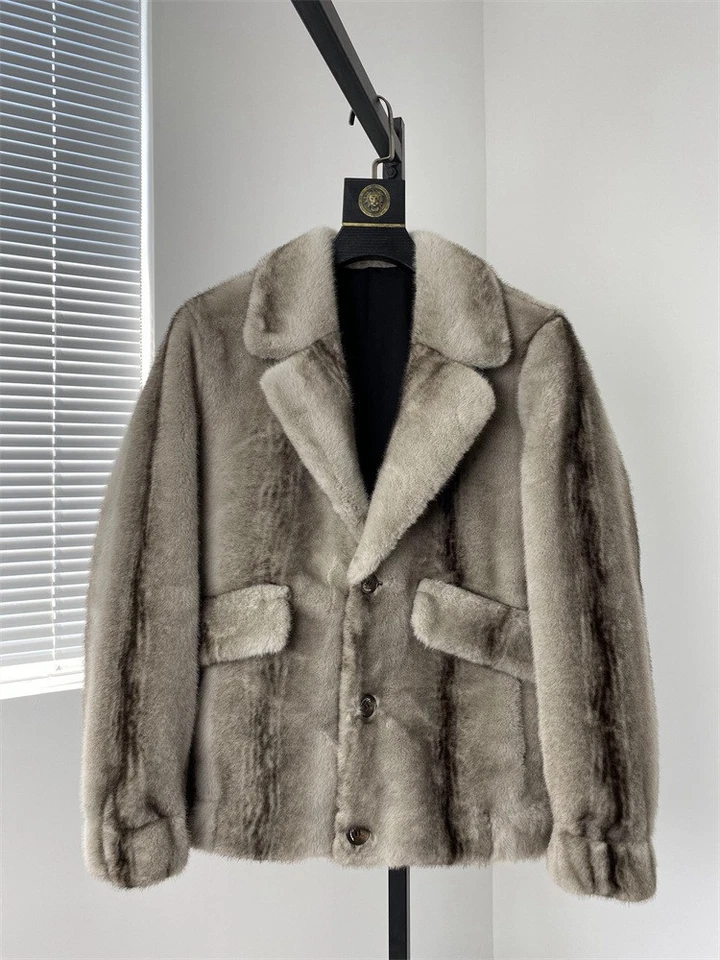 Para hombres Cuello Solapa Traje Chaqueta Piel Visón Terciopelo Botón Abrigo Corto Abrigo Invierno Foto 2 de 4