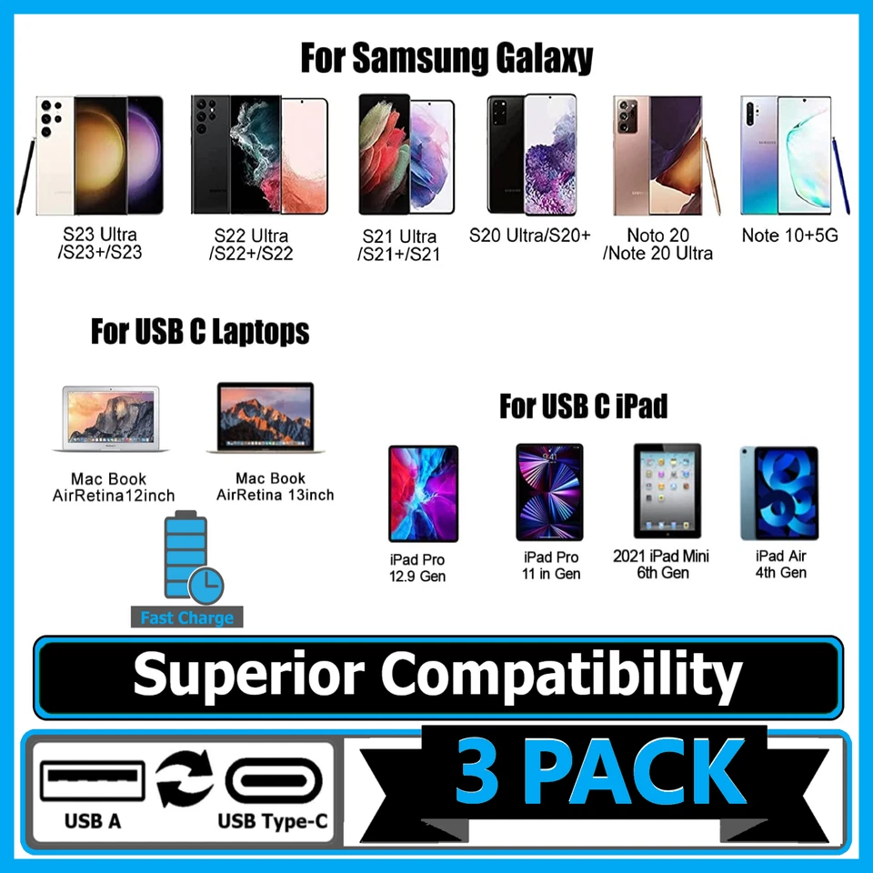 3 PACK 6FT 90 Degree Type C USB-A Fast Charger Cable Quick Charging Cord L Shape - Image 2 of 4