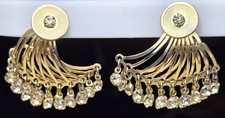 Vintage Unique Crystal Fan Modernist Starburst Dangle Brass Clip-On Earrings