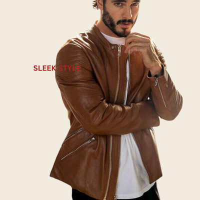 Mens Leather Jacket Real Lambskin Leather Zip Front Motorcycle