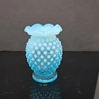 Vintage Fenton Glass Small Aqua Blue Hobnail Vase Ruffled Top