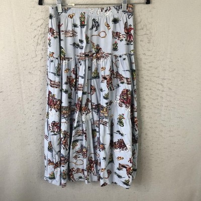 Clio Skirt Womens Medium Western Cowboy Print Tiered Rayon Made in USA Blue