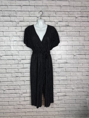 New Look Black Plisse Wrap Culotte Jumpsuit Size 10 Tie Waist Polka Dot