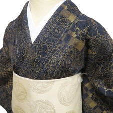 Fine pattern kimono, unused, recycled, pure silk, casual, flower pattern,