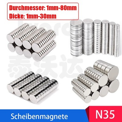 Superstarke runde Scheibenmagnete Seltene Erden NdFeB Magnet N35 Dia 1mm - 80mm