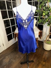 Vintage Royal Blue Nightgown Sz Medium Val Mode Rose And Lace Bust 1980s Nightie
