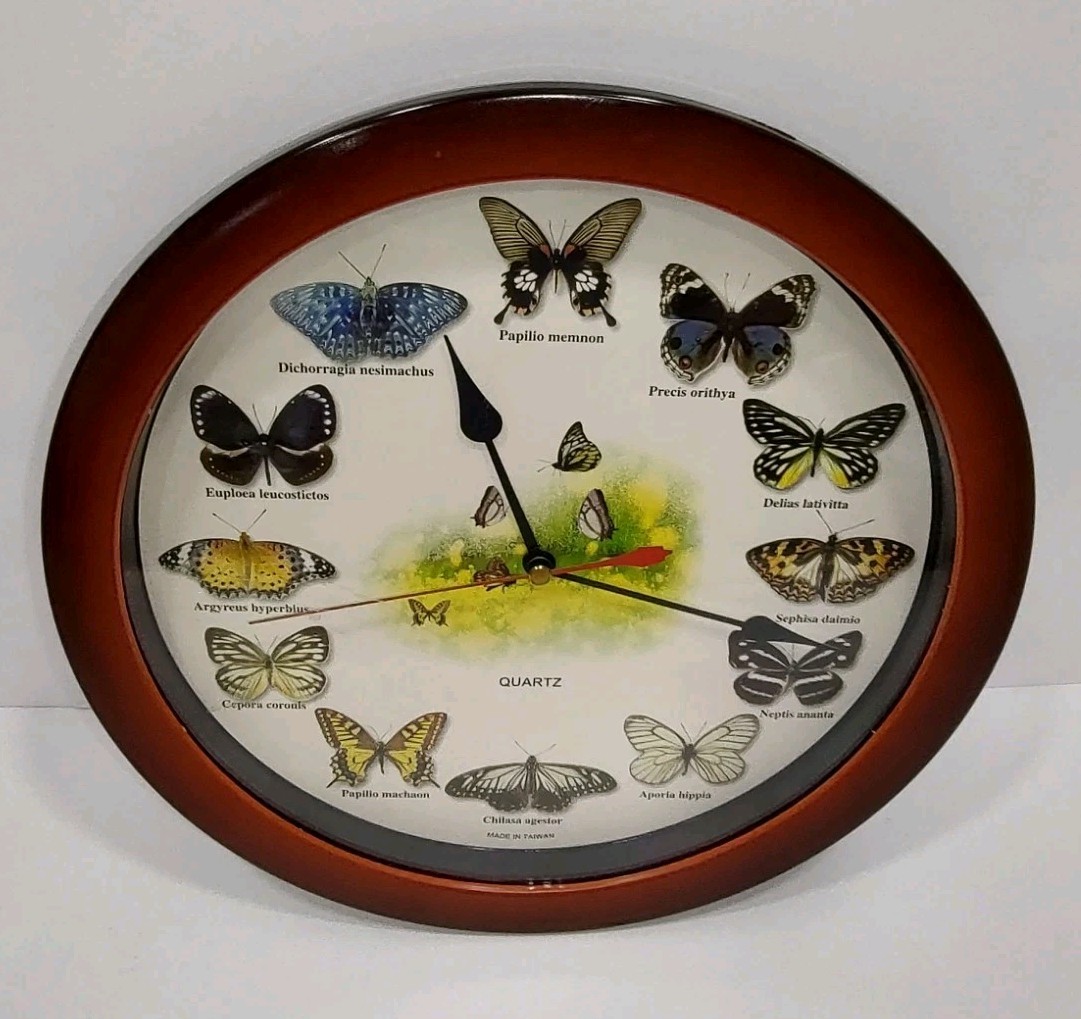 VTG Butterfly Plastic Wood Look Quartz Wall Clock 11.25" Sou