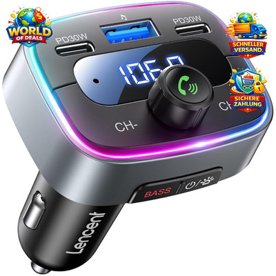 Bluetooth FM Transmitter Auto Adapter 60W PD 30W Dual-USB-C Schnellladung