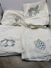 Set Of 4 Vintage Embroidered Tea Towels Fruit, Flowers READ