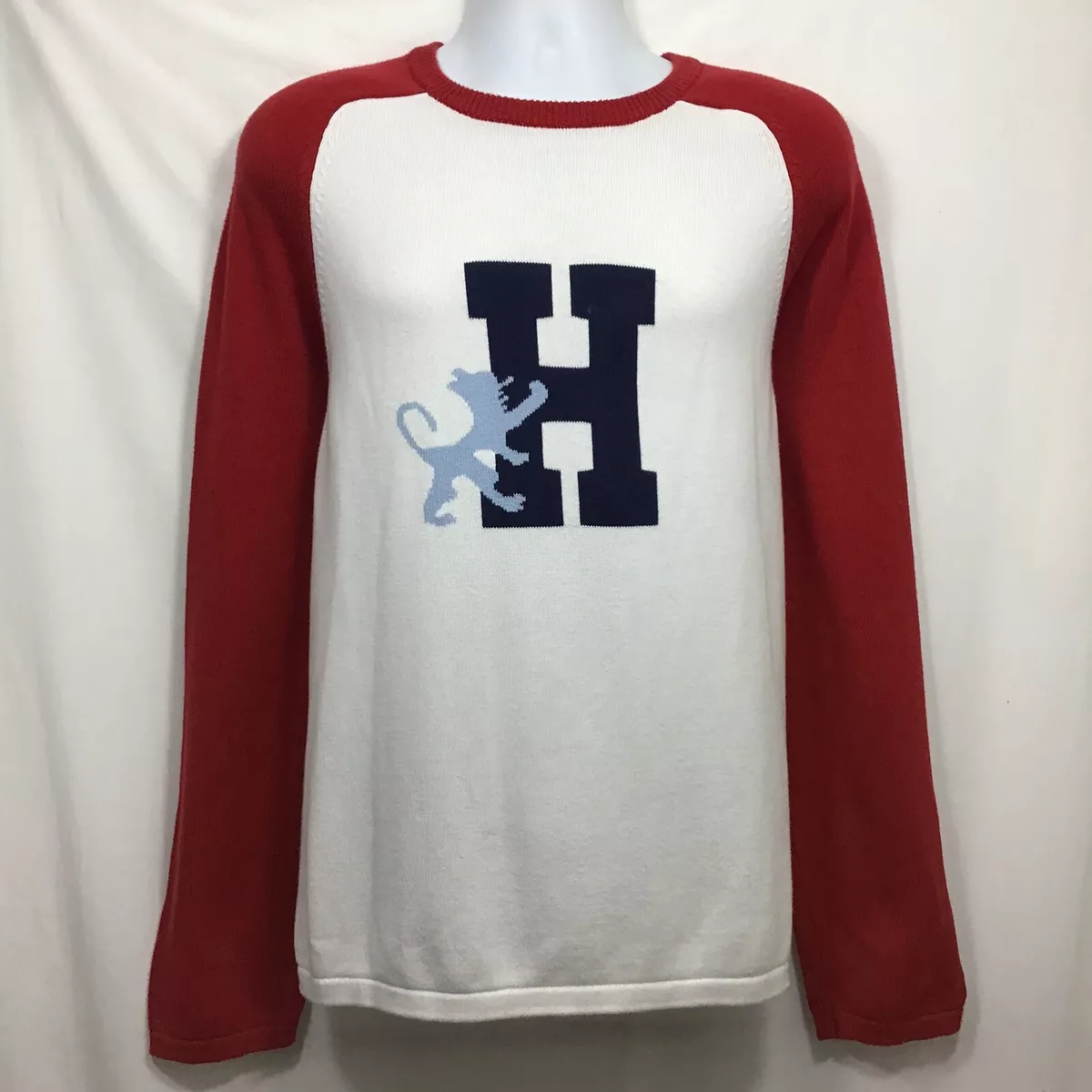 Vtg Tommy Hilfiger Jeans Sweater Big H Logo Men s Size XL Red White Raglan