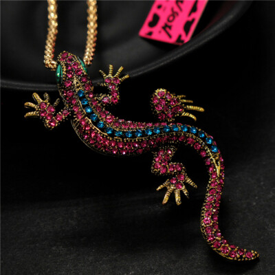 Fashion Women Blue&Red Rhinestone Lizard Gecko Pendant Sweater Chain ...