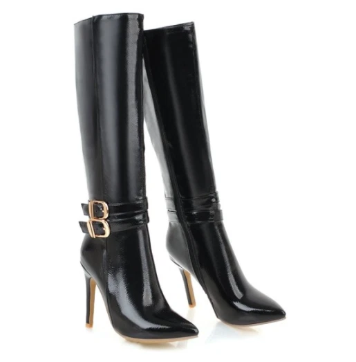 Botas altas de charol para mujer a media pantorrilla con hebilla fiesta punta tacón de aguja 48 Foto 2 de 4