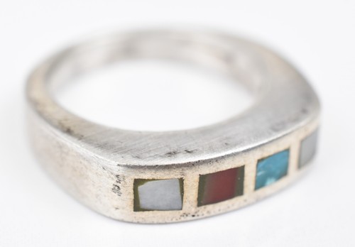 Sterling Inlaid Heavy Band Mother of Pearl, Turquoise, Oxblood Coral Ring Size 7 - Picture 3 of 10