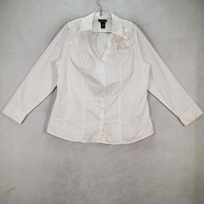 Lane Bryant Women Top Size 14 White Collared V Neck Stretch Rosset Button  Blouse