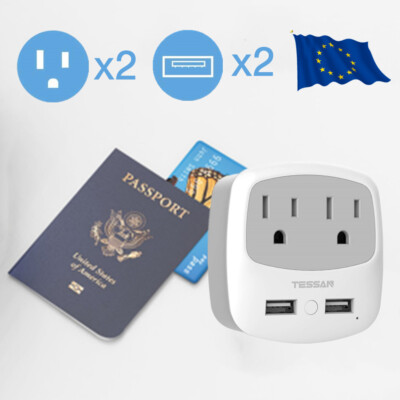 Power Plug Adapter with 2 USB 2 Outlet for US to EU Italy Jordan Portugal France