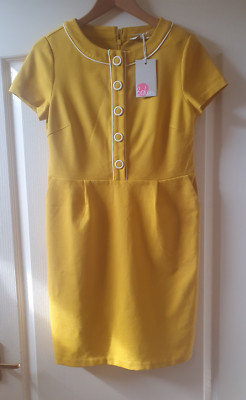 BODEN GELB WEISS BESATZ BAUMWOLLJERSEY JACKIE O STIL KLEID TASCHEN UK 10 R NEU