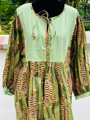 Brown Stripes Tiger Block Print Mini & Midi Dress Deep Neck with string closer