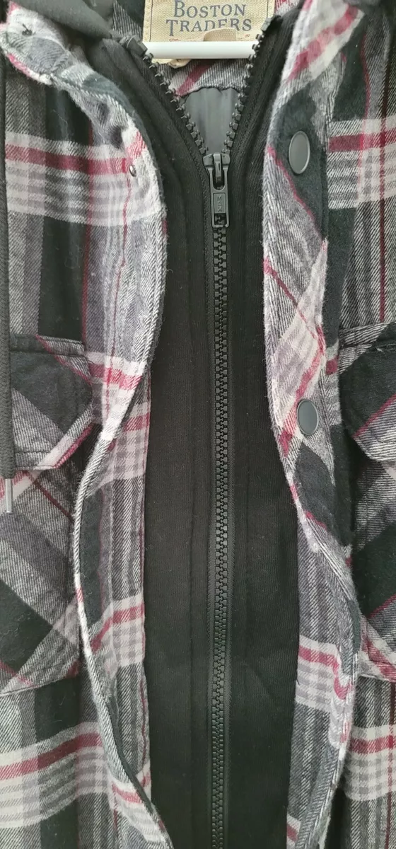 Boston Traders Lined Plaid Flannel Shirt Jacket Mens Medium HOODED SMOKE FREE