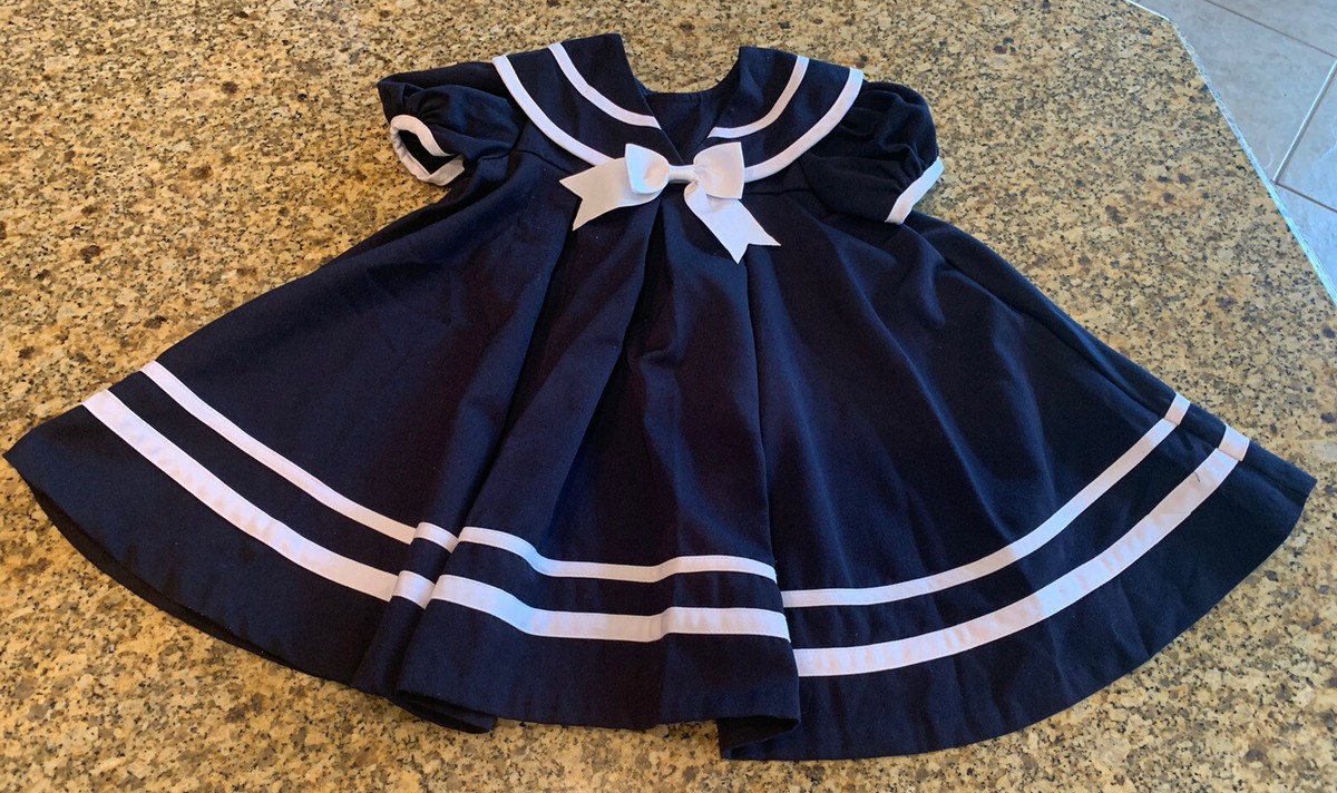 Rare Editions Girls Sailor Nautical Dress Navy/White Size 2T full skirt  Retro