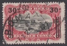 BELGIUM CONGO  1921   30c  on  10c  Good Used  Stamp. BOMA Cancel   (p310)