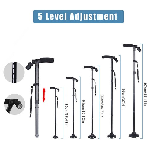 FOLDABLE WALKING STICK WITH LED LIGHT DISABILITY HEAVY DUTY CANE TORCH ALUMINIUM - Picture 4 of 24