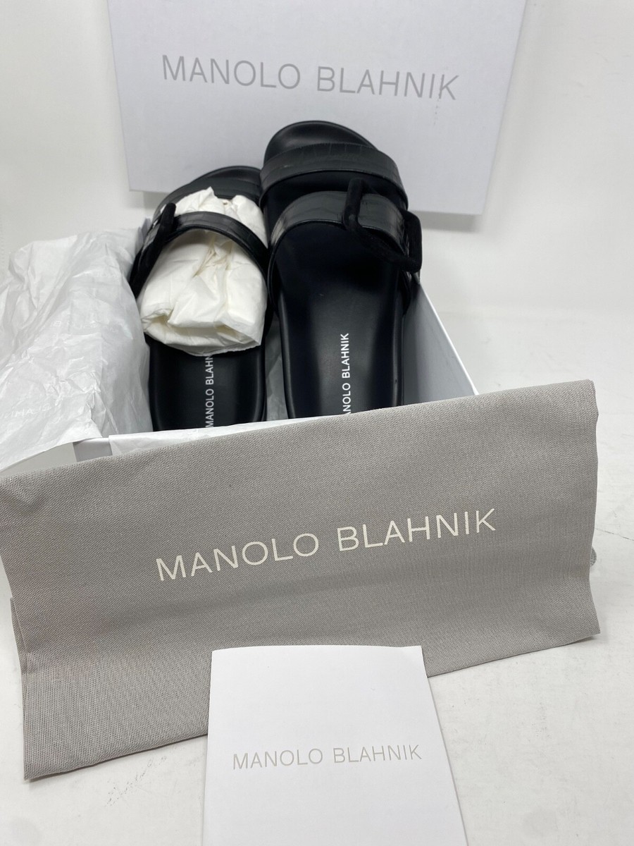 【MANOLO BLAHNIK】Mayfu Sandals BLACK Manolo Blahnik Mayfu Croc Embossed Leather Slide Sandals