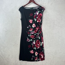 Lauren Ralph Lauren Dress Womens 10 Black Floral Ruched Sheath Knee Length